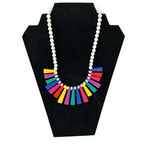 Vintage Costume Jewelry Necklace 80s Plastic Fan Shaped Rainbow Beads Artsy